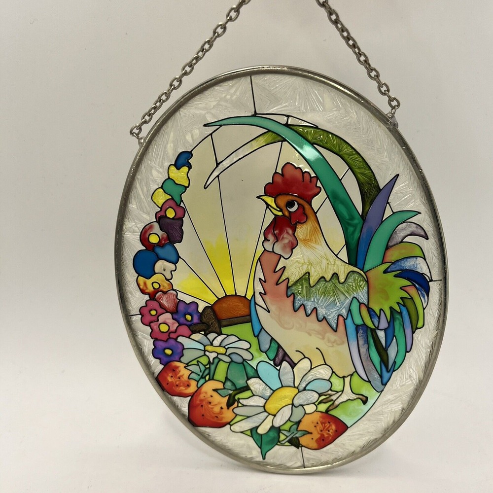 Amia Painted Glass Roosters Sun Flowers Window Art‎ With Original Box 7x5.5 In